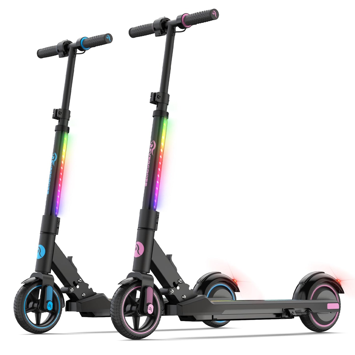EVERCROSS EV06C electric scooter, 6.5'' Foldable E scooter for kids 6-12 years old, up to 15 km/h & 8 km range, LED display, colorful lights, lightweight electric scooter for kids (Blue + Pink)