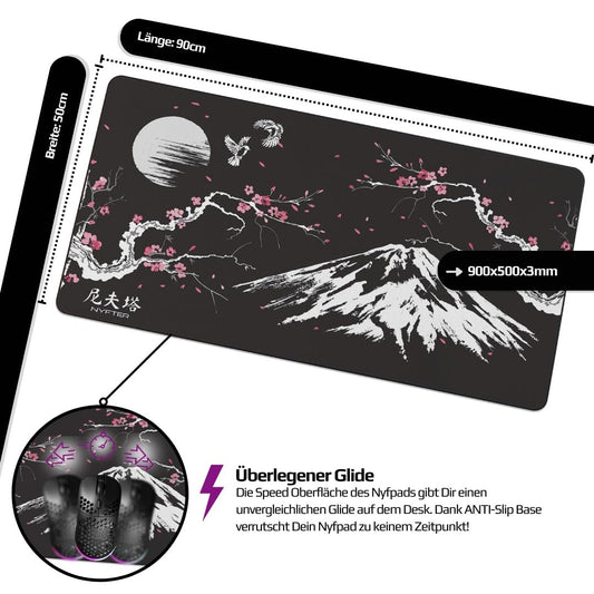 Nyfter - XXL Gaming Mousepad Sakura White 900 x 500mm Premium Fuji Mousepad Size Large stitched edges durable with high-end glide and anti-slip
