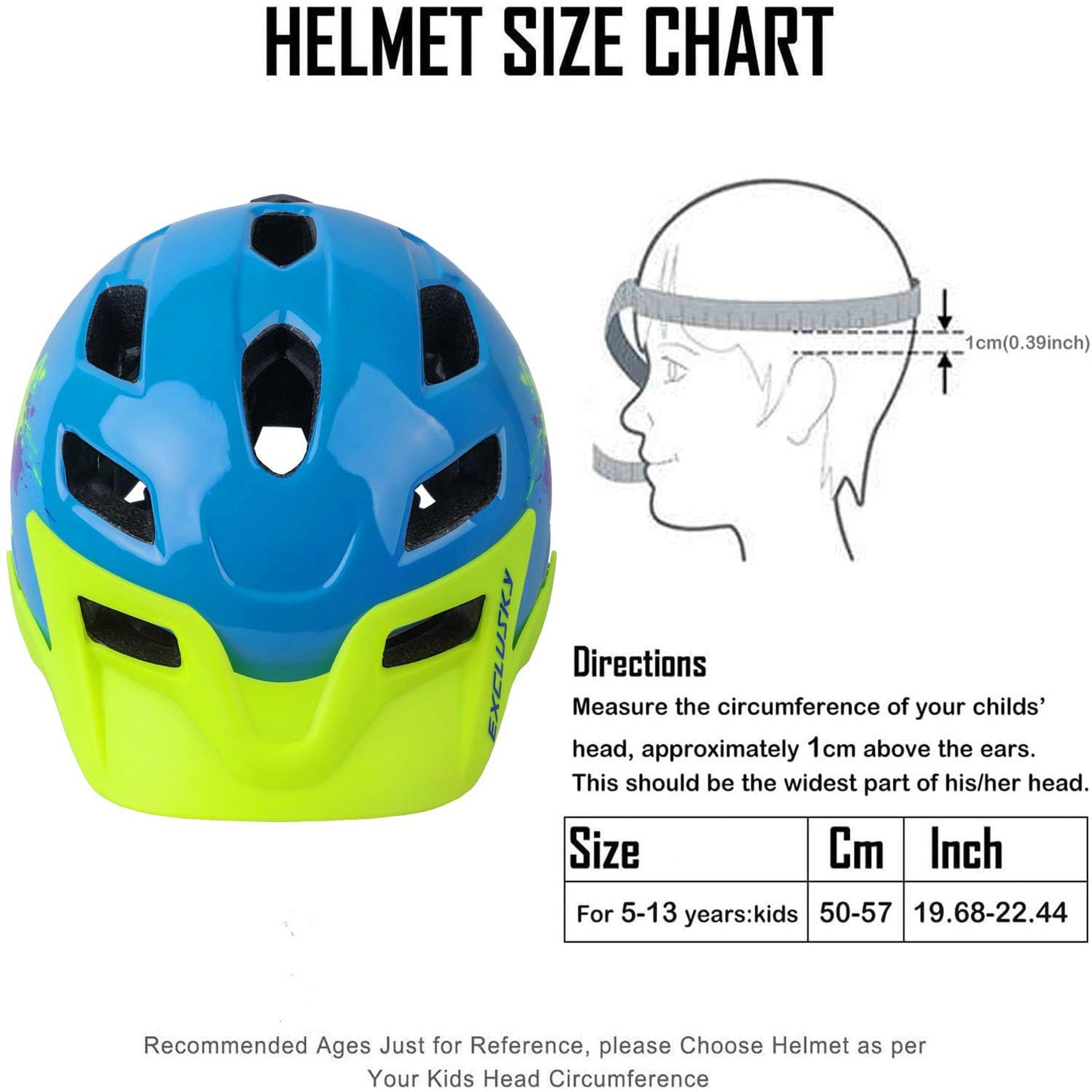 Exclusky kids bike helmet for boys and girls, suitable for BMX, skating, adjustable for ages 5-13, head circumference 50-57CM.