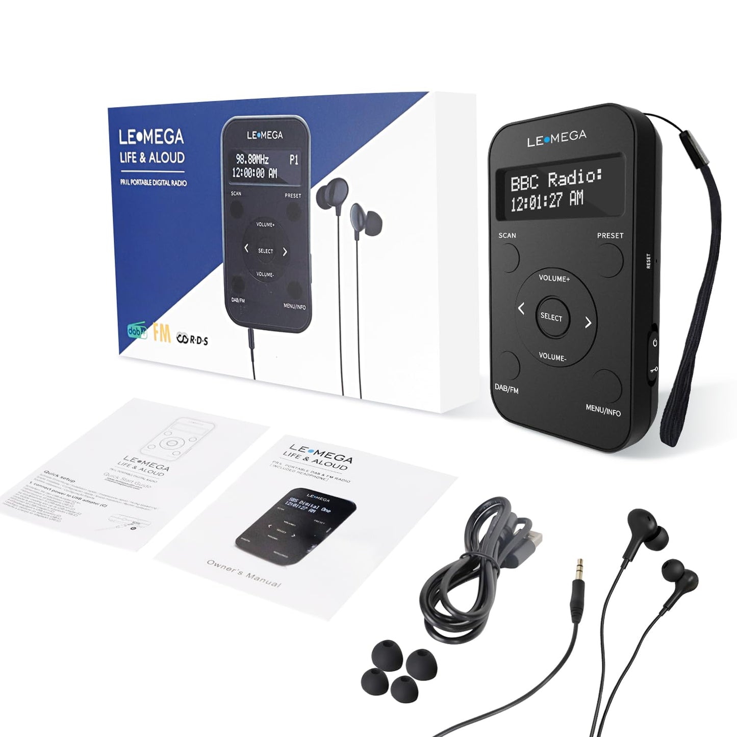 LEMEGA PR1L portable DAB/FM radio with rechargeable battery, 20 preset stations, LCD display, and headphones included. Sporty design with lockable switch, black color.