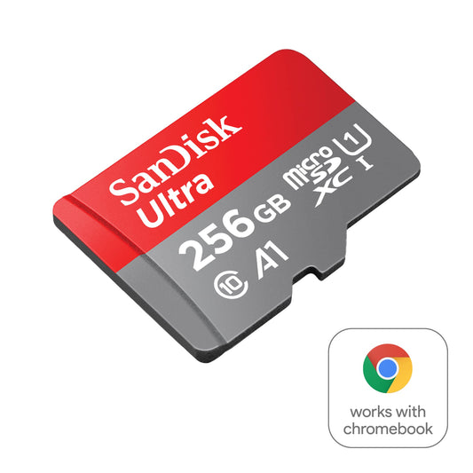 SanDisk Ultra 256GB microSDXC UHS-I card for Chromebook with SD adapter (For smartphones and tablets, A1, Class 10, U1, Full HD videos, up to 150MB/s read speed) 10-year warranty
