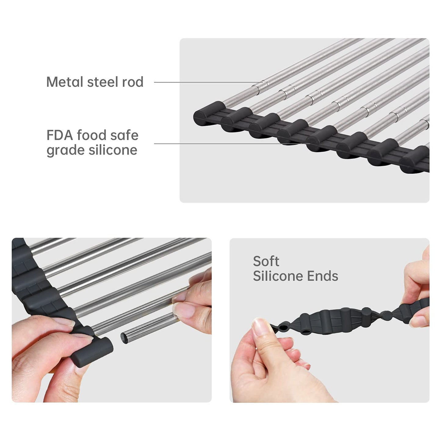 ARAIny Expandable Large Dish Drying Rack, roll-up heat-resistant drying rack for stainless steel sinks, collapsible over non-slip silicone rolling mat (18 stainless steel rods 54x33cm)