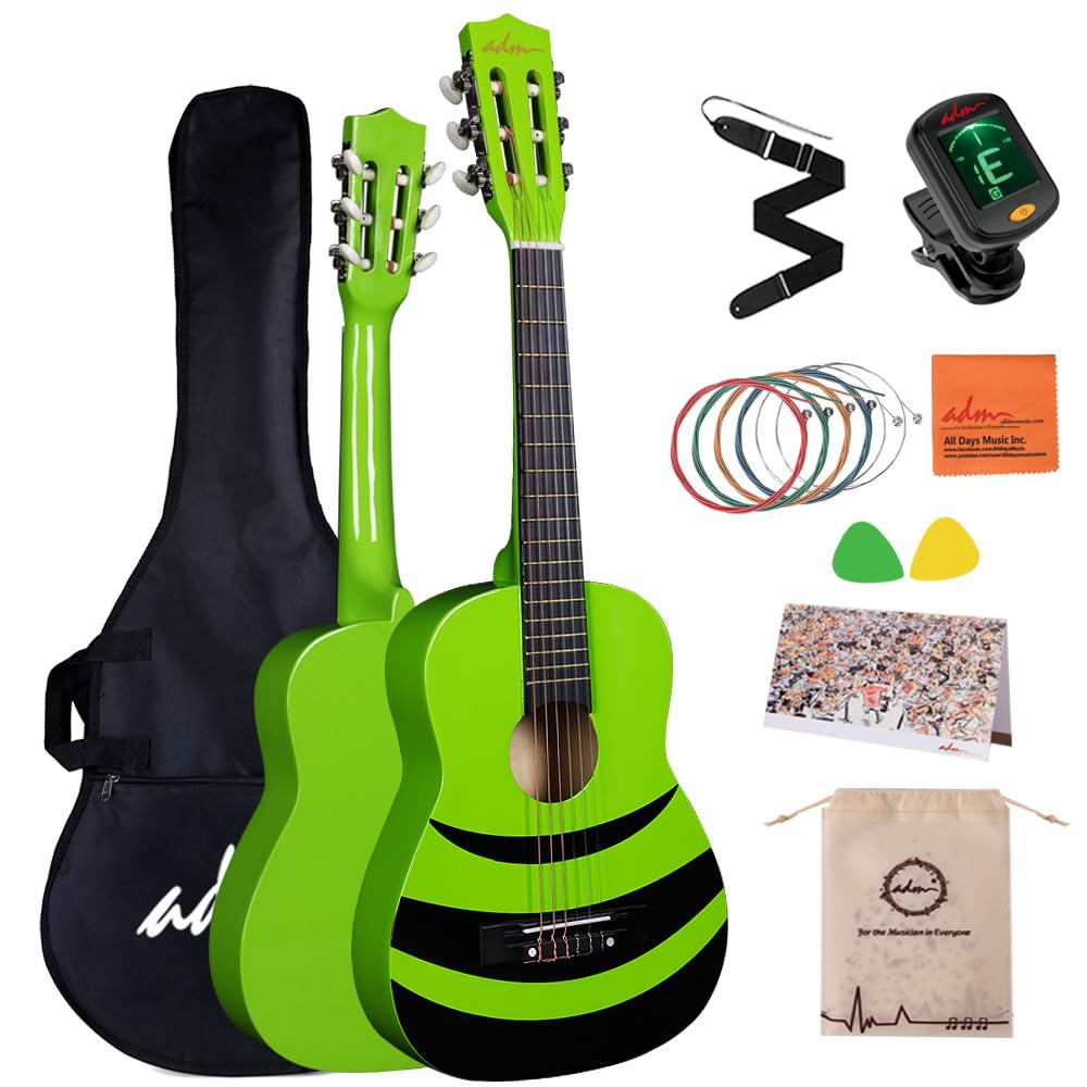 ADM 1/4 Children's Guitar Junior Classical Guitar for Beginners with Tuner, Bag, Strap, Extra Strings, and Picks, Green Honeybee