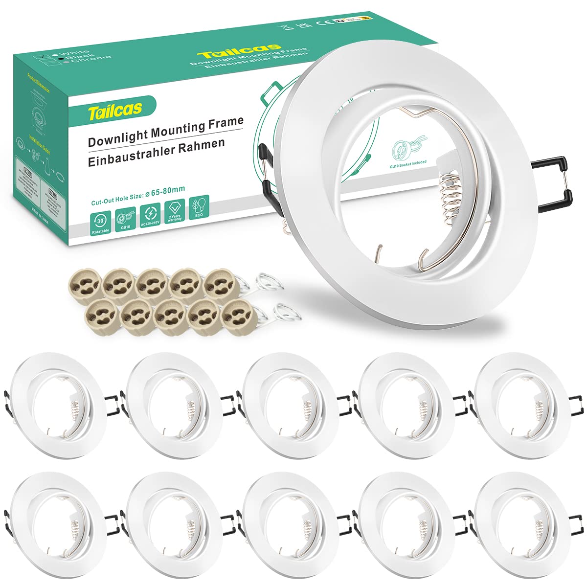 10x recessed spotlight GU10 set with white mounting frame for 230V spots, including GU10 socket, LED with 68mm hole diameter round, 30° tiltable integrated spotlight frame for LED or halogen bulbs.