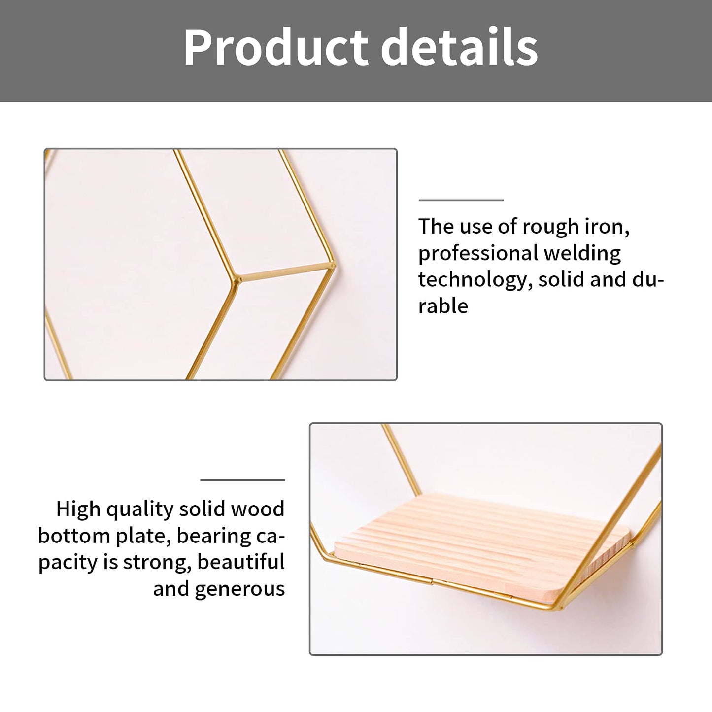 Hexagon wall shelf metal 3 piece set, gold decorative hanging shelf loft wall shelves, wall shelf for wall decor in living room, bedroom, bathroom, café, and hotel