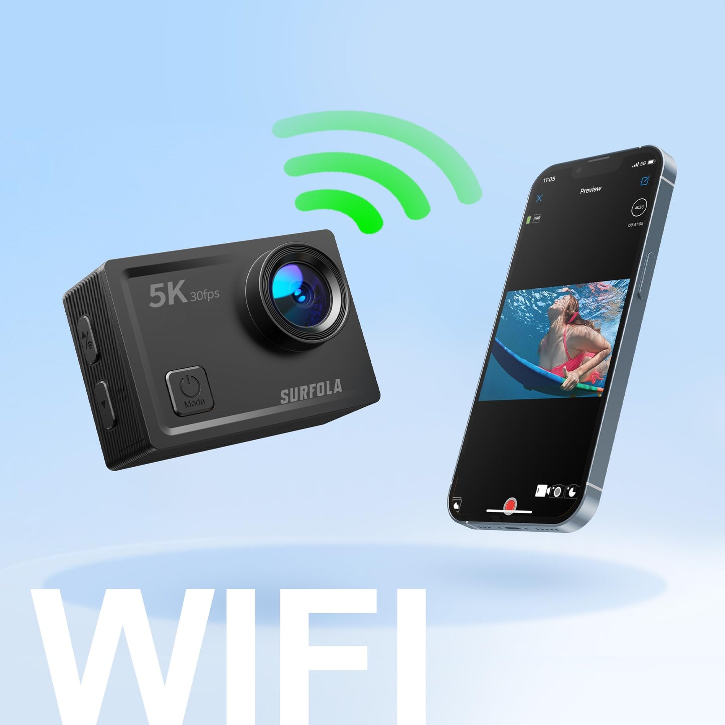 Surfola Action Cam 5K, 24MP underwater camera 40M waterproof EIS image stabilization, helmet camera WiFi action cameras with external microphone, 2*1350mAh batteries and charger, remote control and accessory kit