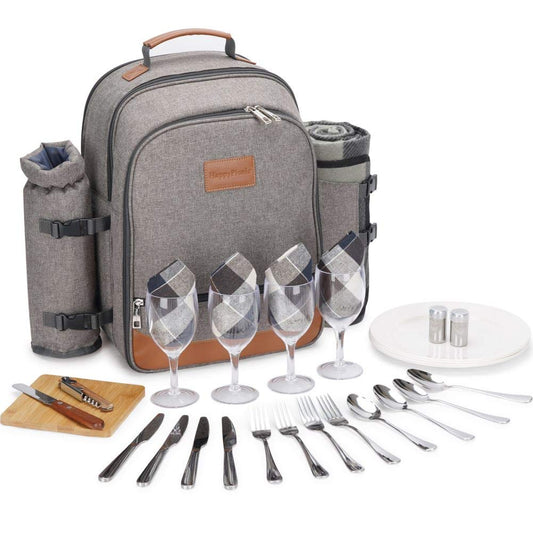 HappyPicnic Insulated picnic backpack for 4 people with complete tableware, spacious cooler compartment, bottle holders, and large waterproof picnic blanket.