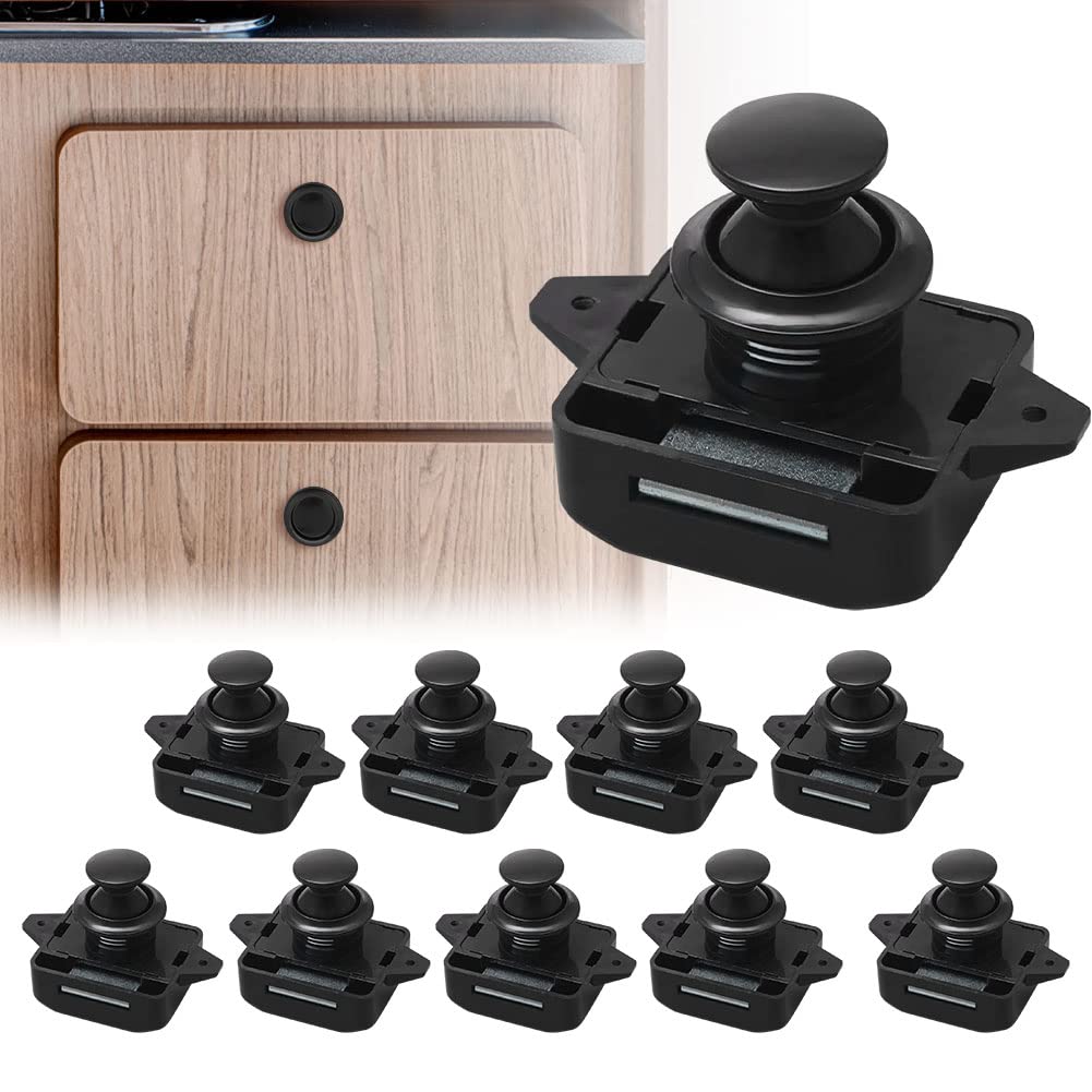Opaltool 10 Pieces Push Button Catch Door Lock Black Door Knob Locking Push Button Lock suitable for 15-18mm Thickness Motorhome Boat Van RV Yacht Cabinet Door Cabinet