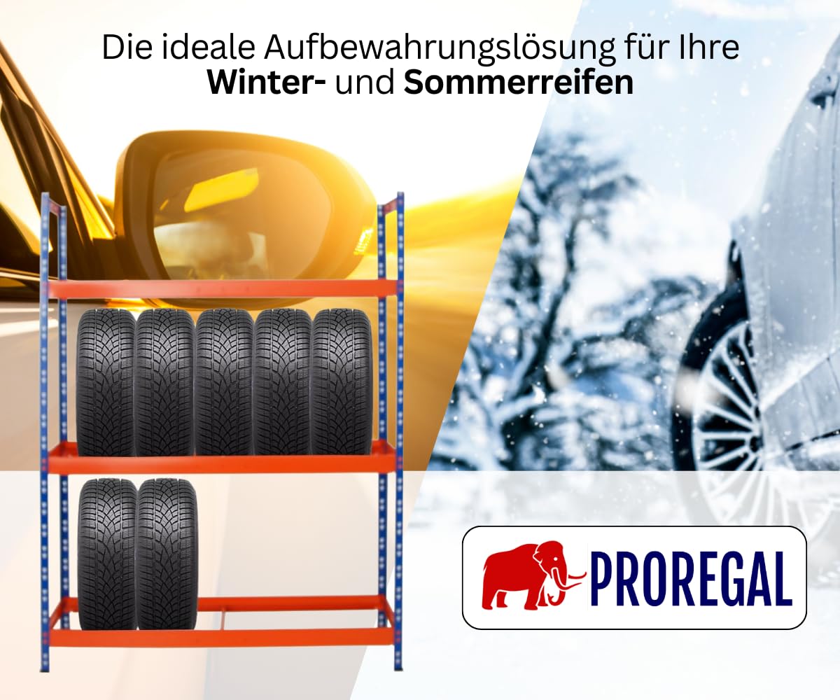 PROREGAL Tire Rack Tiger XL | HxWxD 200x150x45 cm | 300kg shelf load | up to 18 tires (205/55 R16) | Blue/Orange | Workshop Shelf, Storage Shelf, Basement Shelf