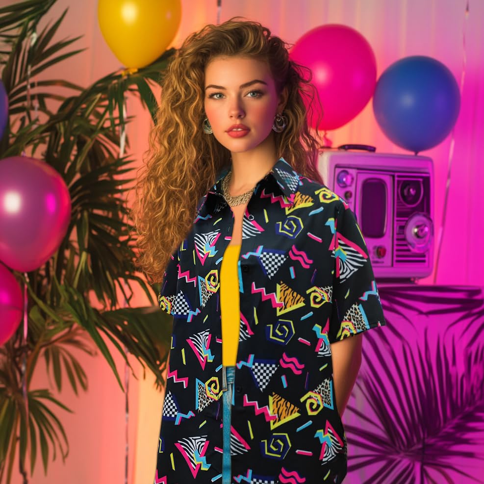 Hippie tops women Hawaii outfit blouse costume set Flower Power 80s shirt women 90s vintage shirt 70s clothing casual retro tops carnival costume (80s-Black, XL)