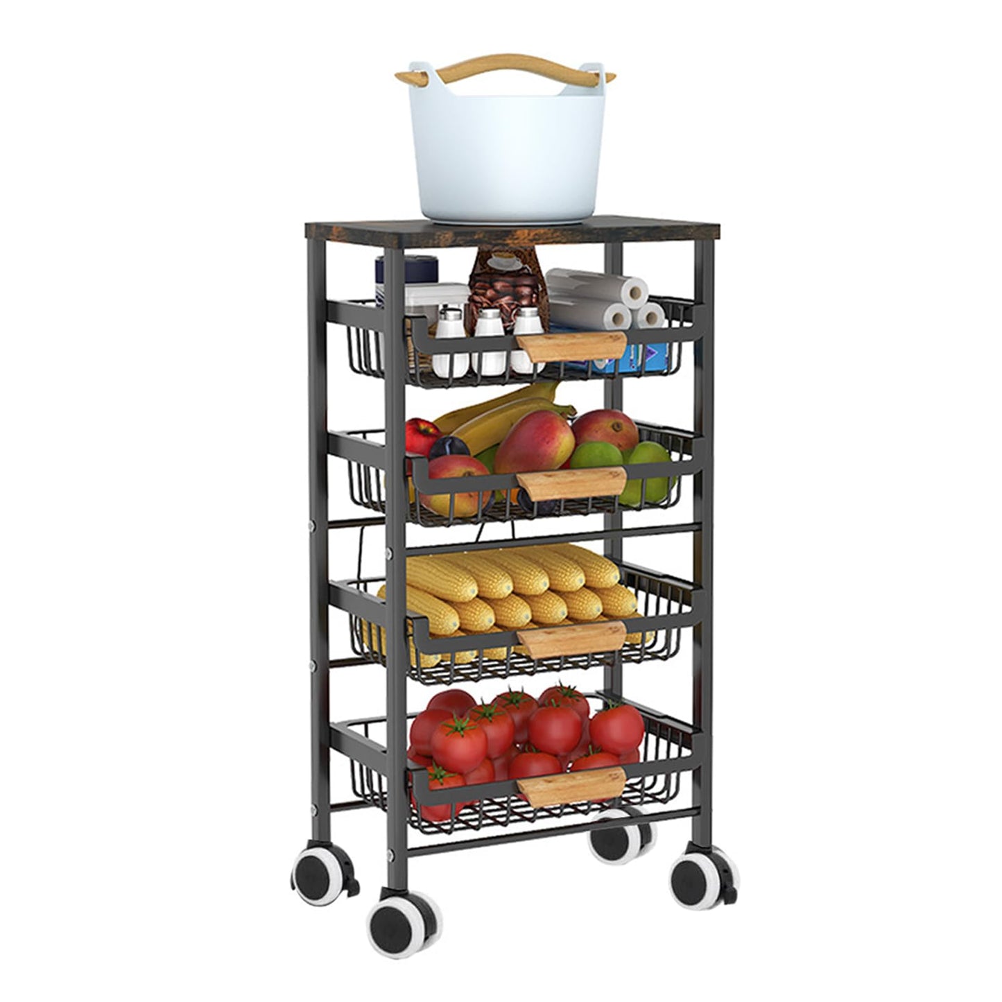 Treesunshine rolling utility cart, kitchen cart with countertop, serving cart with extendable basket made of iron-carbon alloy, wooden kitchen cart, kitchen cart with ample storage, 5-tier utility cart