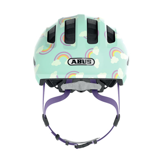 ABUS Children's Helmet Smiley 3.0 LED - bike helmet with light - deep fit & space for a ponytail - for girls and boys - Light blue with rainbow pattern, size M