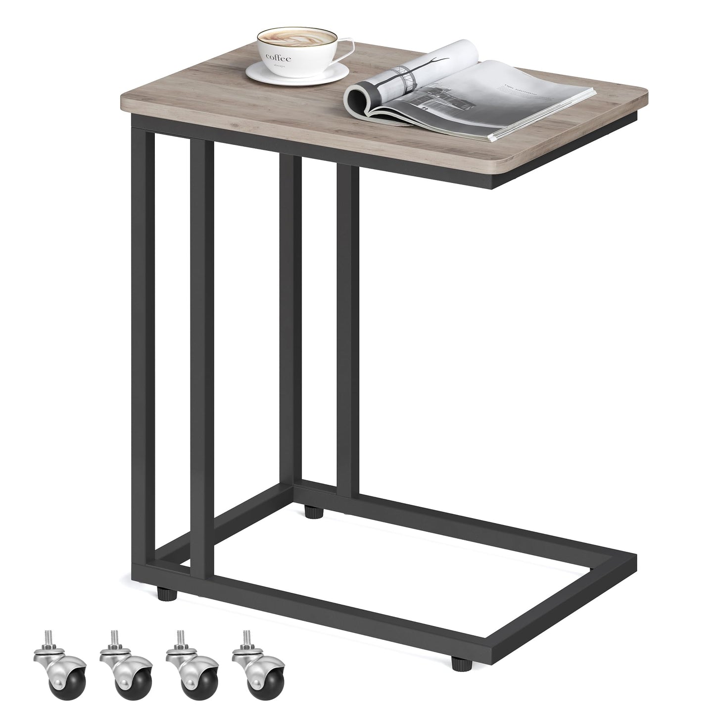 VASAGLE side table, coffee table with wheels, C-shape, mobile coffee table, 35 x 50 x 60 cm, living room table with metal frame, for coffee and laptop, industrial design, greige-black LNT050B02