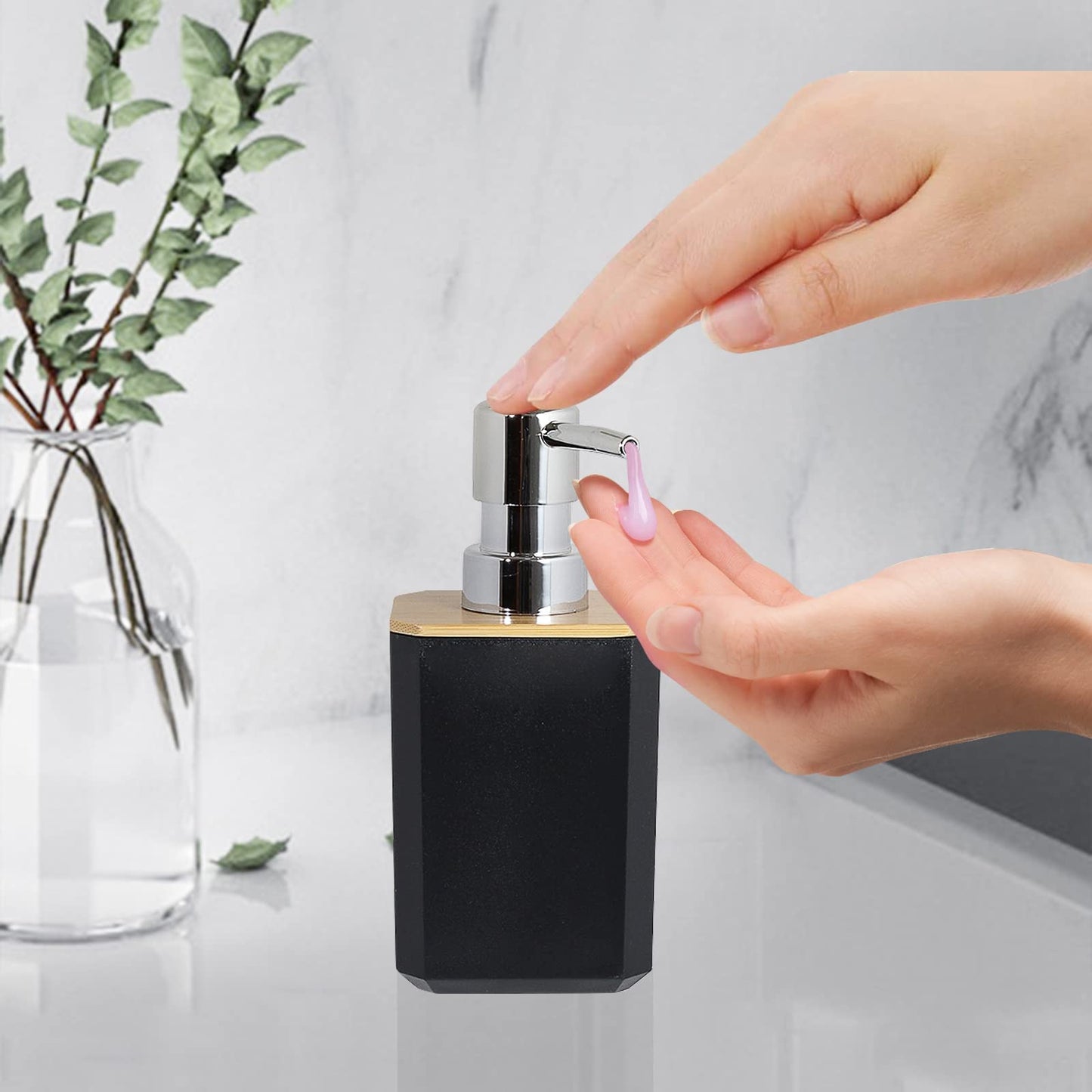 Serlium 7-Piece Bathroom Accessory Set, Bamboo ABS Toothbrush Cup Set, Soap Dispenser Set with Lotion Pump, Trash Can, Toothbrush Holder, Toilet Brush, and Soap Dish for Home Hotel