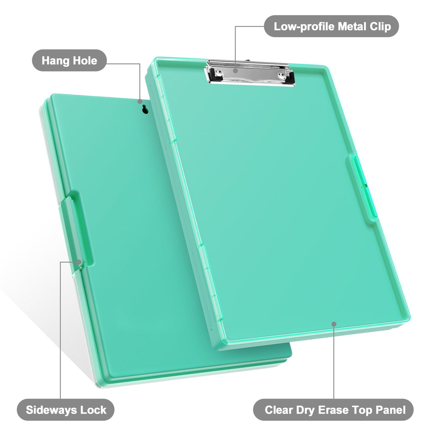 Piasoenc Clipboard with Storage, Clipboard with 2 Storage Boxes and A4 Paper Holder, clear, dry-erase surface, durable plastic, folio & side opening.
