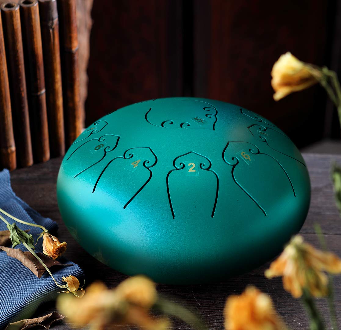 Amkoskr Steel Tongue Drum, 12 inch 30 cm Steel Tongue Drum, C major 13 notes, Hand Drum HandPan Drum with Drumsticks/Carrying Bag (Green)