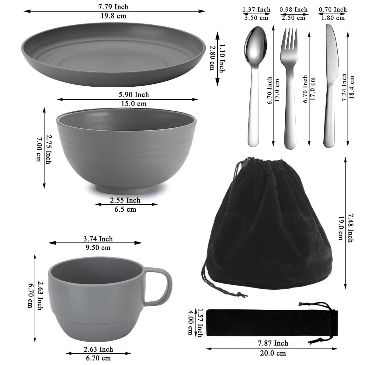 Mountain country camping cutlery set of 2 pieces, reusable cutlery sets with knife, fork, spoon, cups and plates, and bowls, portable travel cutlery set, easy to clean, dishwasher safe.