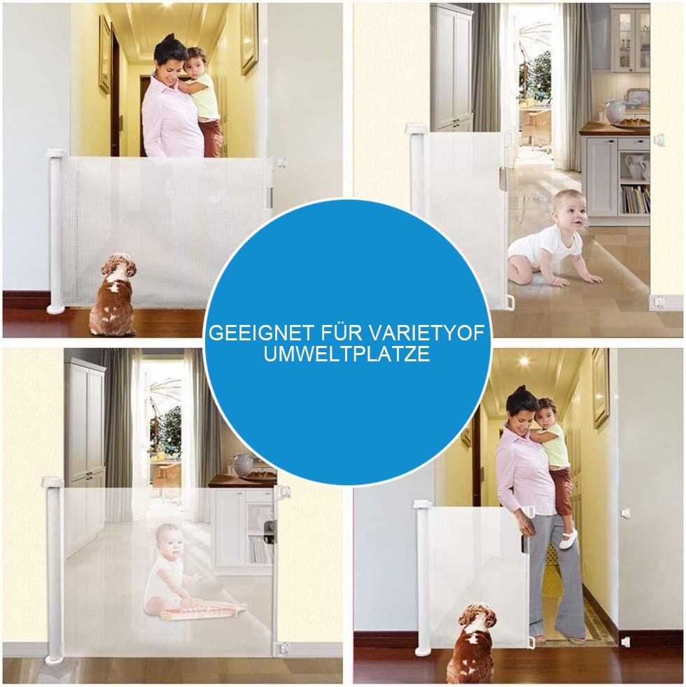 Stair gate for babies, retractable, 0-140 cm, 83 cm high baby safety gate, one-handed operation, suitable for stairs/doors, indoor & outdoor, door guard (140cm/white)
