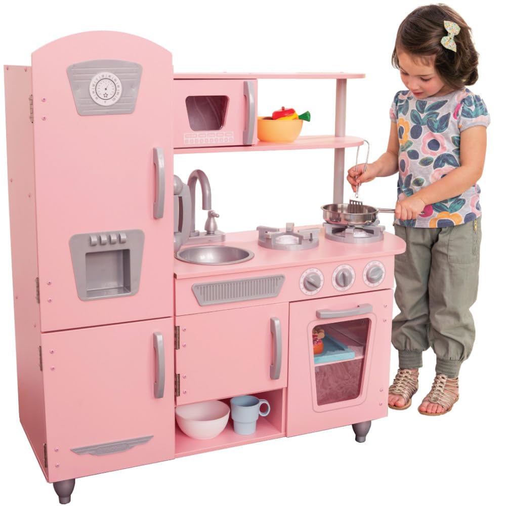KidKraft Pink Vintage Wooden Play Kitchen with Kids Phone, Children's Kitchen with Retro Refrigerator, Toy for 3 years and older, 53179