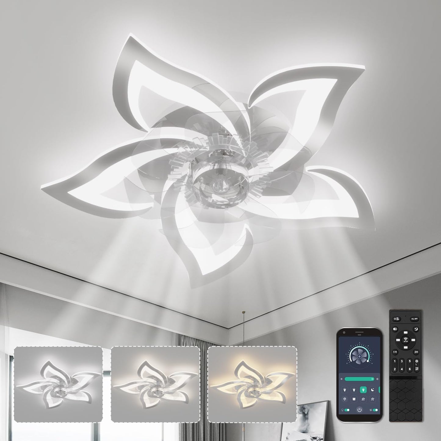 YUNLONG ceiling fan with lighting and remote control. Quiet chrome ceiling lamp with fan. Reversible DC motor, dimmable. Ceiling fan with 6 speeds for summer and winter operation.