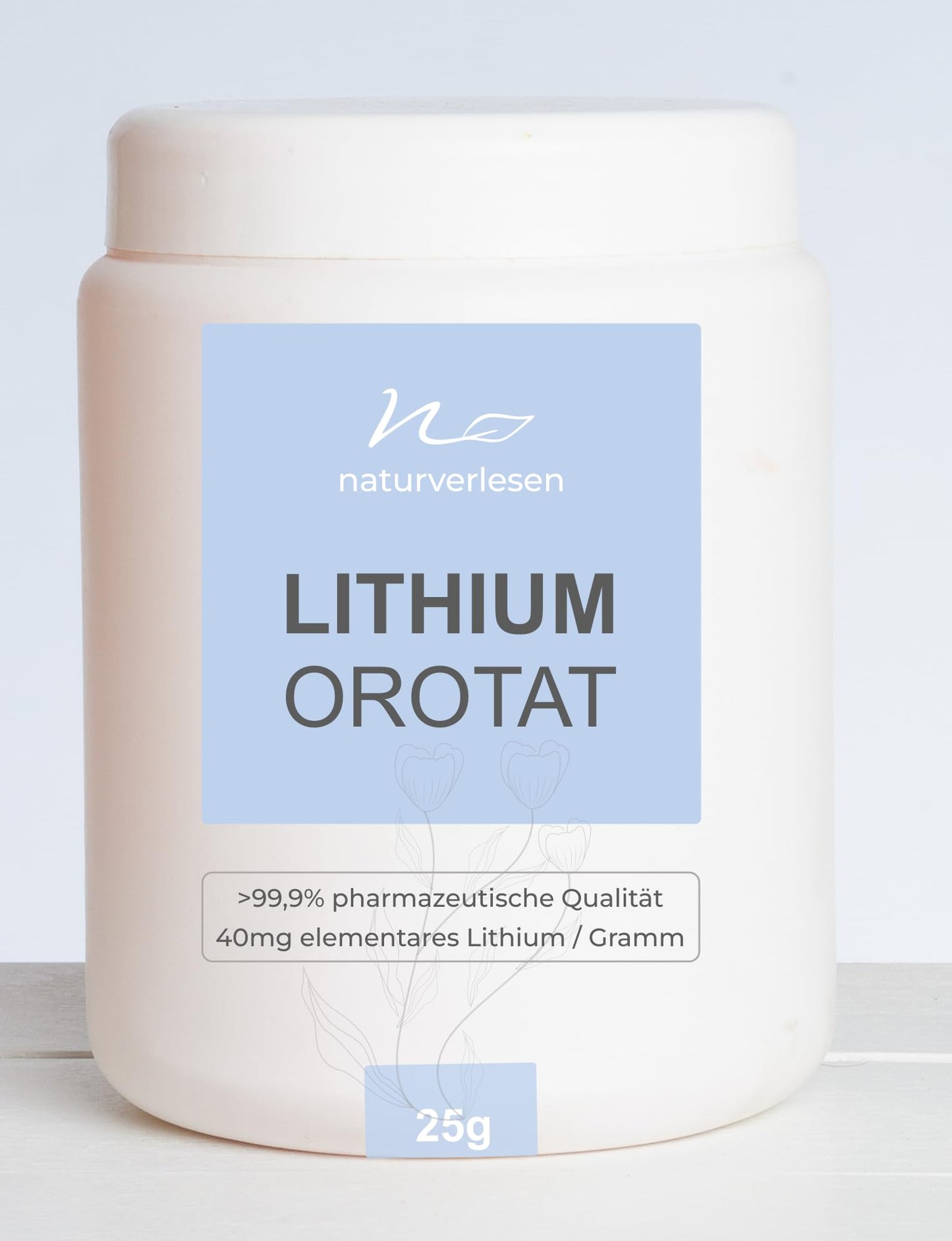 25g of naturally selected lithium powder | orotate for laboratory purposes, min. 99.9% in pharmaceutical grade | 4% lithium content | independently laboratory tested in Germany