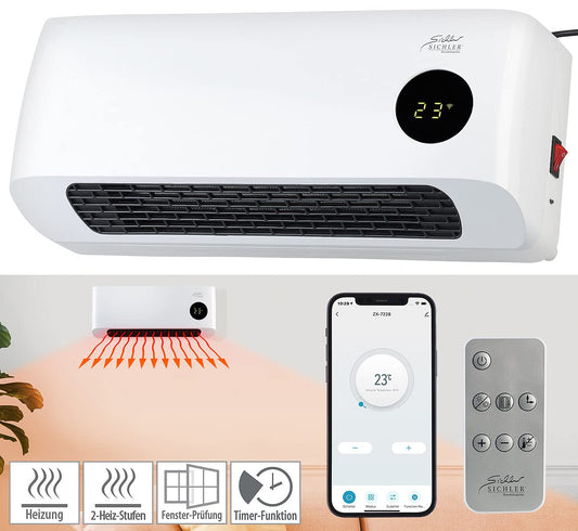 Sichler household appliances heating: WiFi ceramic wall heater, LED display, remote control, 2,000 W, app (bathroom quick heater, WiFi heater, tablet holder)