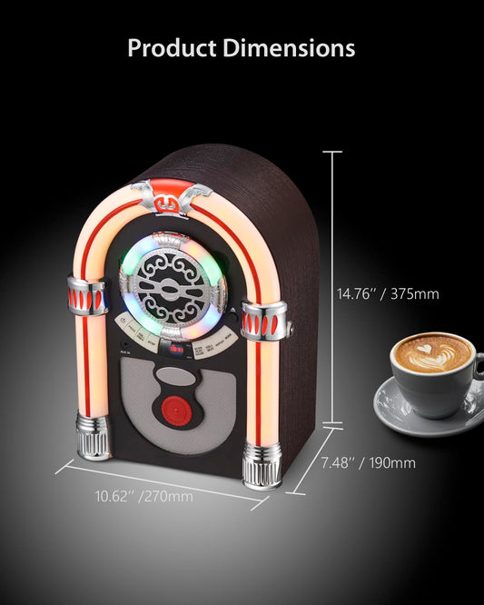 Retro Jukebox music box with CD player | Nostalgic 50s design | Bluetooth 5.0, FM radio, AUX-IN | 16W stereo speakers & color-changing LED | Vintage wood look for home, bedroom & office