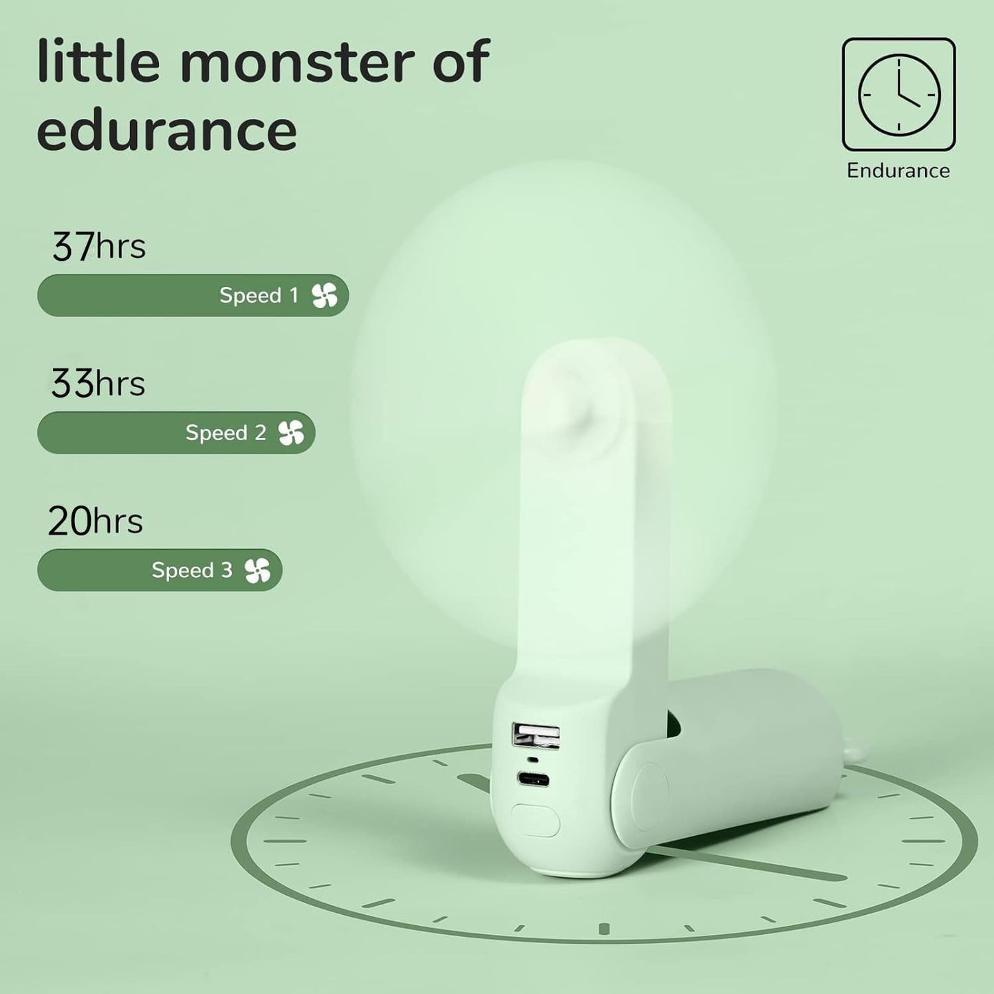 JISULIFE Handheld Fan Mini Fan 3 IN 1, with 4500 mAh Power Bank USB Battery Small, Battery Operated Max 37Hrs Runtime Portable Fan, Flashlight Function - Green
