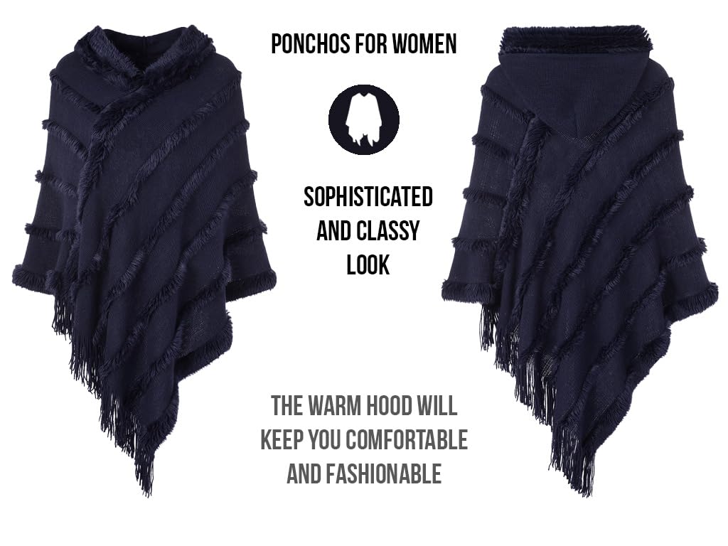 Ferand Women's Hooded Poncho, Warm Winter Cape, Striped Shawl with Fringes, Elegant, Navy Blue