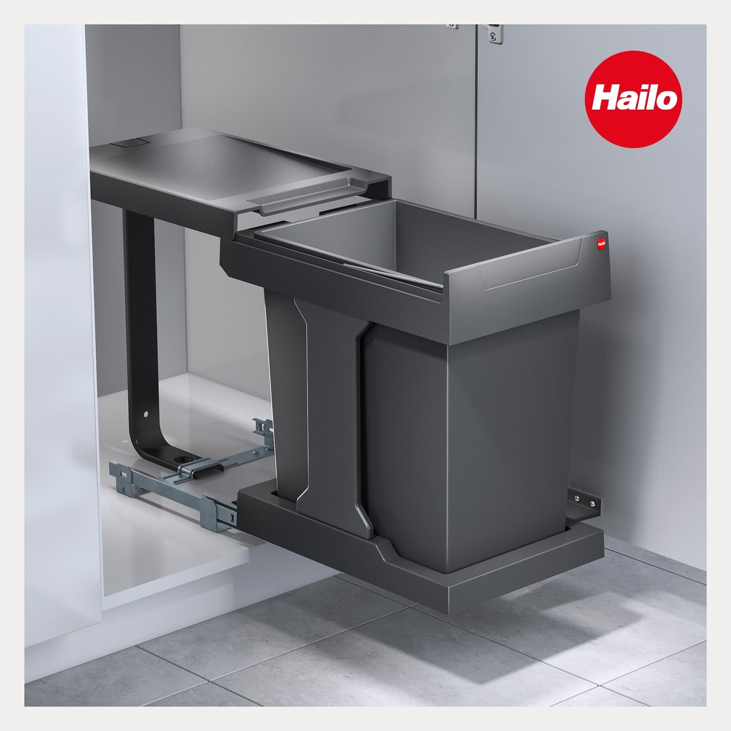 Hailo Waste Bin 3636001 | Solo model with pull-out mechanism | 20 liter inner bucket | for cabinets from 400mm width with hinged door | Anthracite
