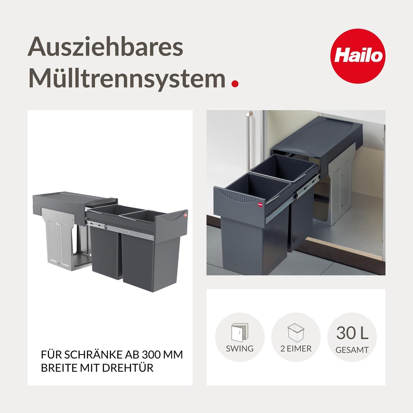 Hailo Tandem 3666101 waste collector | Trash bin for cabinets from 300 mm width with hinged door | Built-in bin with 2x 15L compartments | Full-extension waste separation with telescopic rails | Dark grey
