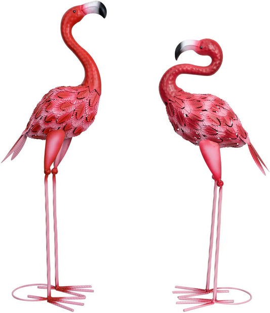 AOFOX Flamingo garden statues and sculptures, 2 pieces metal, large red flamingo bird garden art outdoor statue for home, patio, lawn, backyard decoration