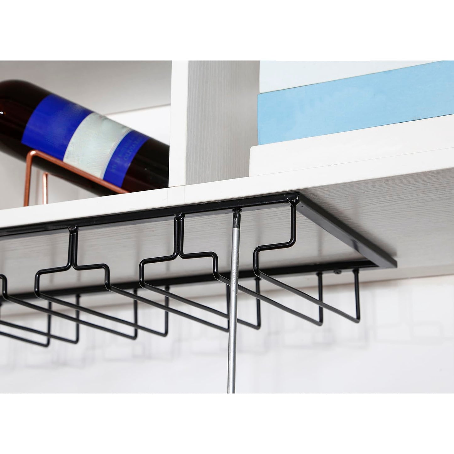 YunNasi 2 Pieces 5 Row Wine Glass Holder Metal Glass Rack Holder Under Cabinet with Screws Hanging Wine Glass Rack for Home Bar Kitchen Bar Pub Restaurant, Black