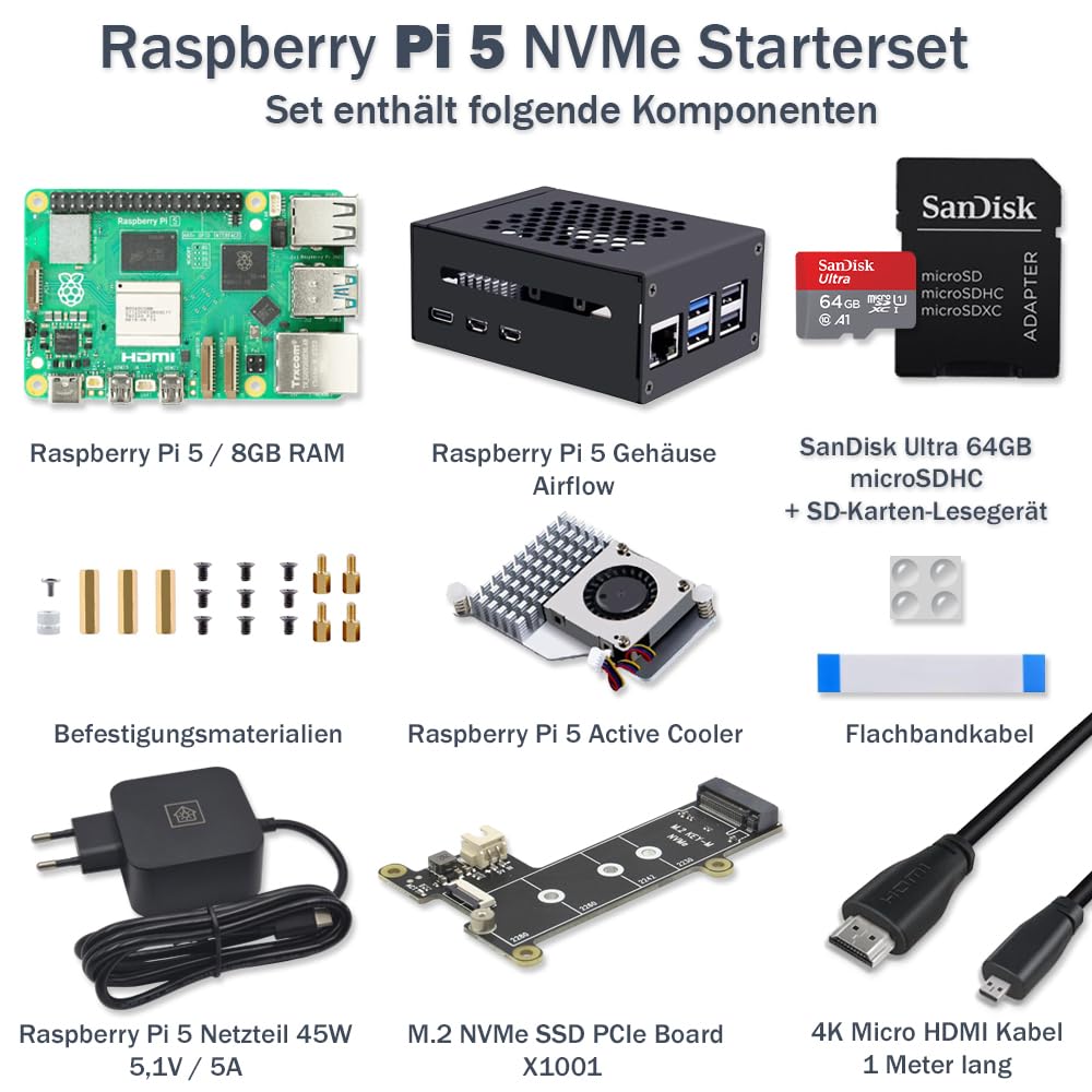 Raspberry Pi 5 8GB PCIe M.2 NVMe - Kit | Metal case | Active cooler | M.2 NVMe SSD PCIe board | USB-C 27W power supply | Ultra 64GB SD card | 4K Micro HDMI cable