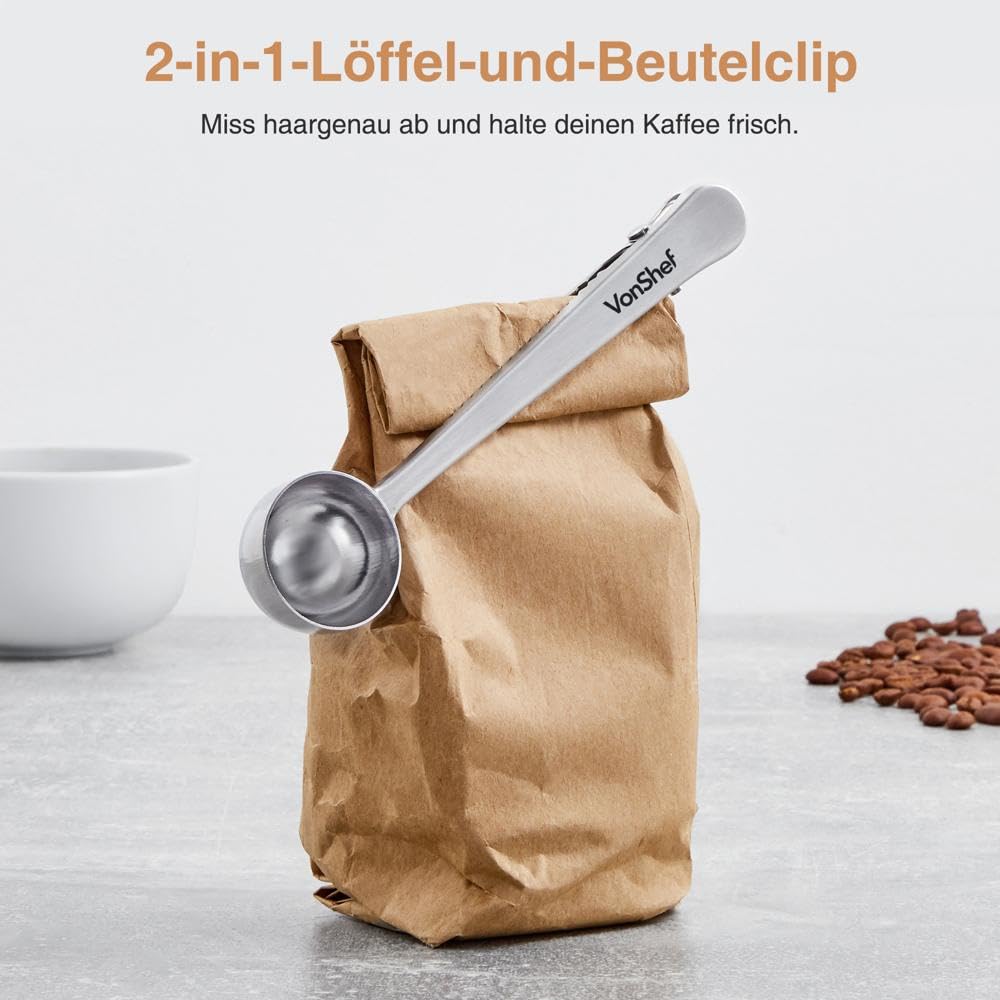 From the VonShef Stainless Steel French Press for 6 cups, 800ml - Double-walled coffee maker with measuring spoon/bag sealer, dishwasher-safe French Press thermos with plunger.