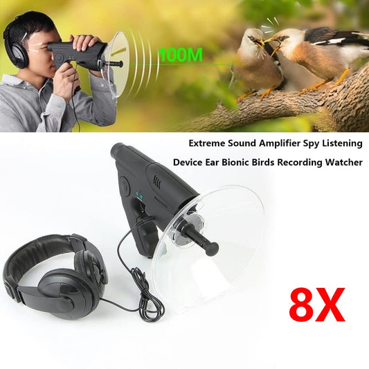 Directional microphone, parabolic microphone, listening device, 100 meter monocular with 8x magnification, sound amplifier, hearing aid, recording with headphones for birdwatching, animal observation.