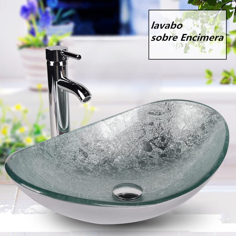 ARTETHYS Glass Countertop Basin with Faucet Drain, Oval Washbasin Vanity Set Silver, Bathroom Kitchen, Guest WC