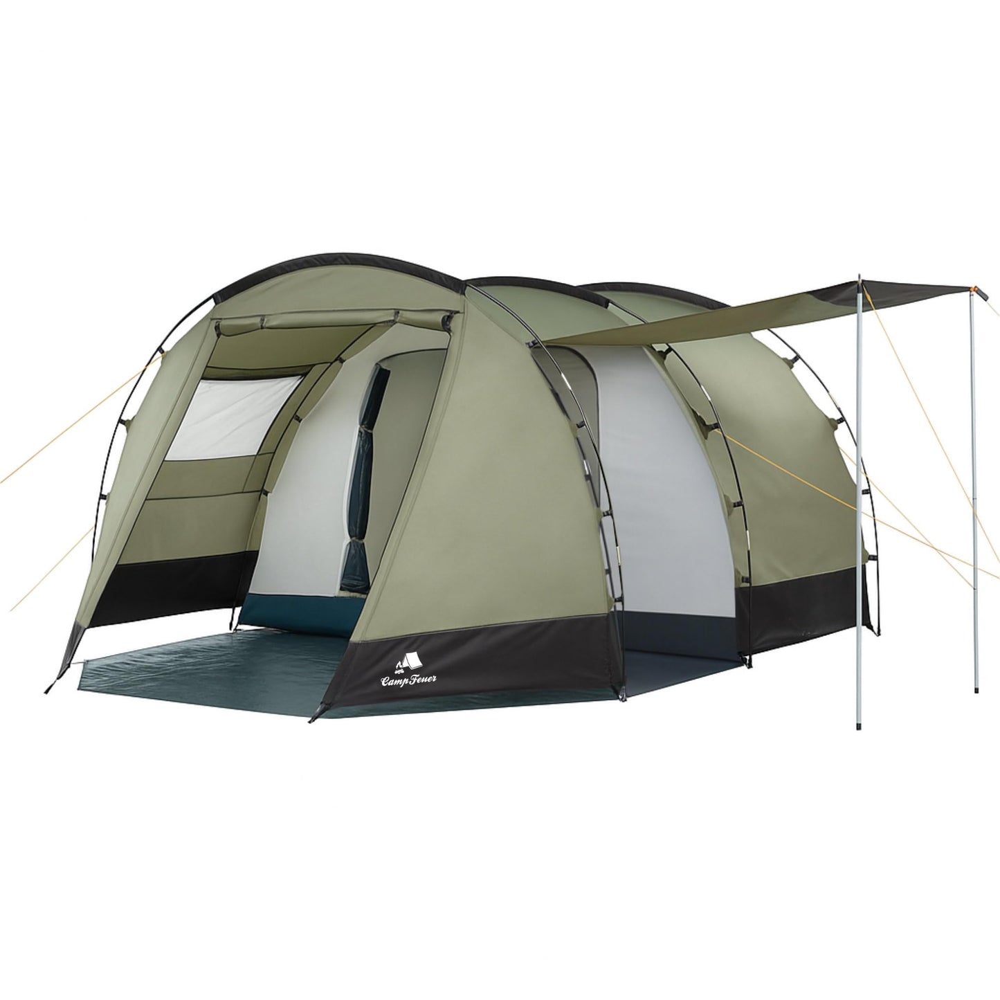 CampFeuer Tent Super+ for 4 persons | Olive green/Black | XXL tunnel tent with 2 entrances and awning, 3000 mm water column | Tent with vestibule and groundsheet, group tent, camping tent family tent