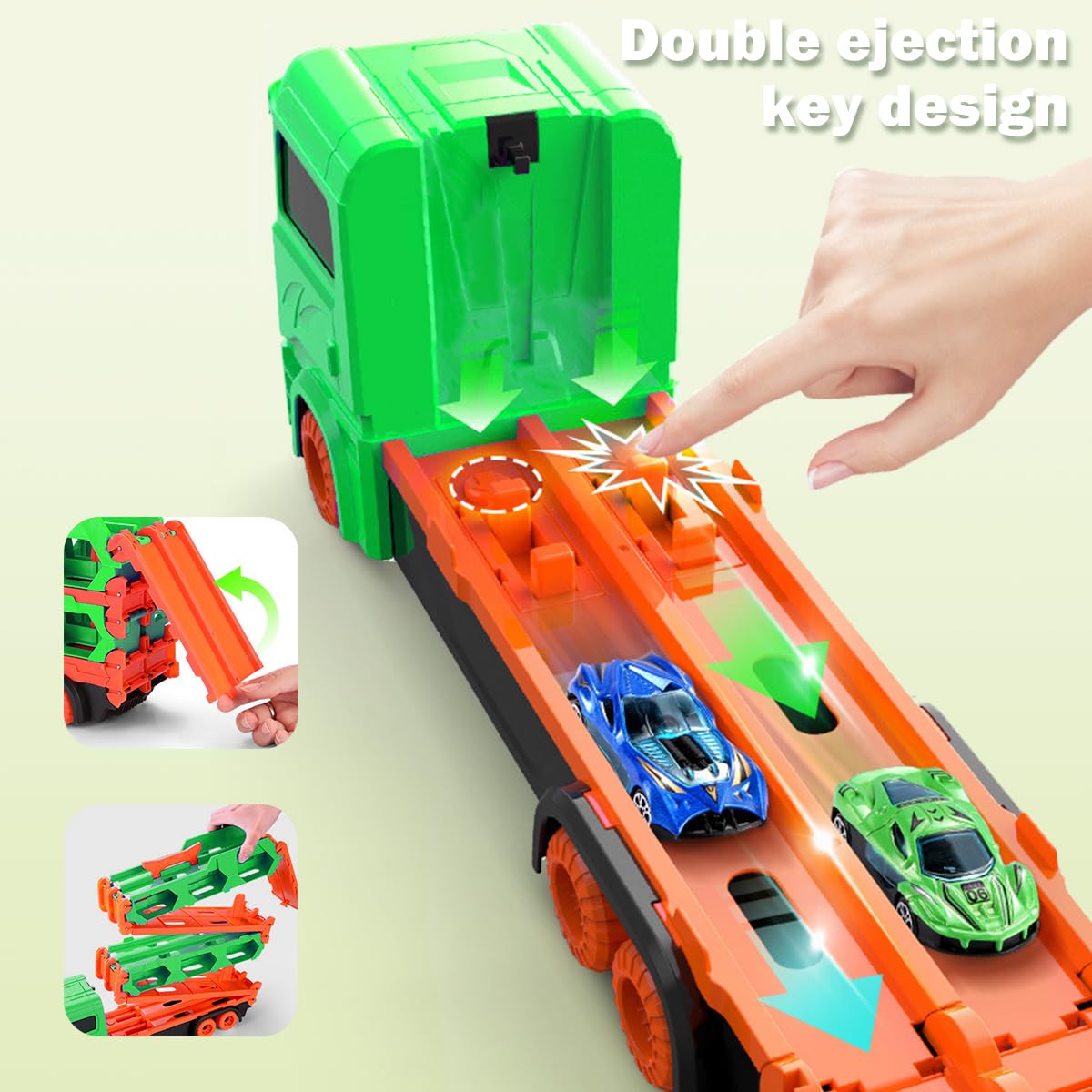 VATOS Transport Truck Toy Cars for boys aged 3, 4, 5, 6 years old, portable race track truck toy car with 6 race cars, transporter vehicle toy set for kids.