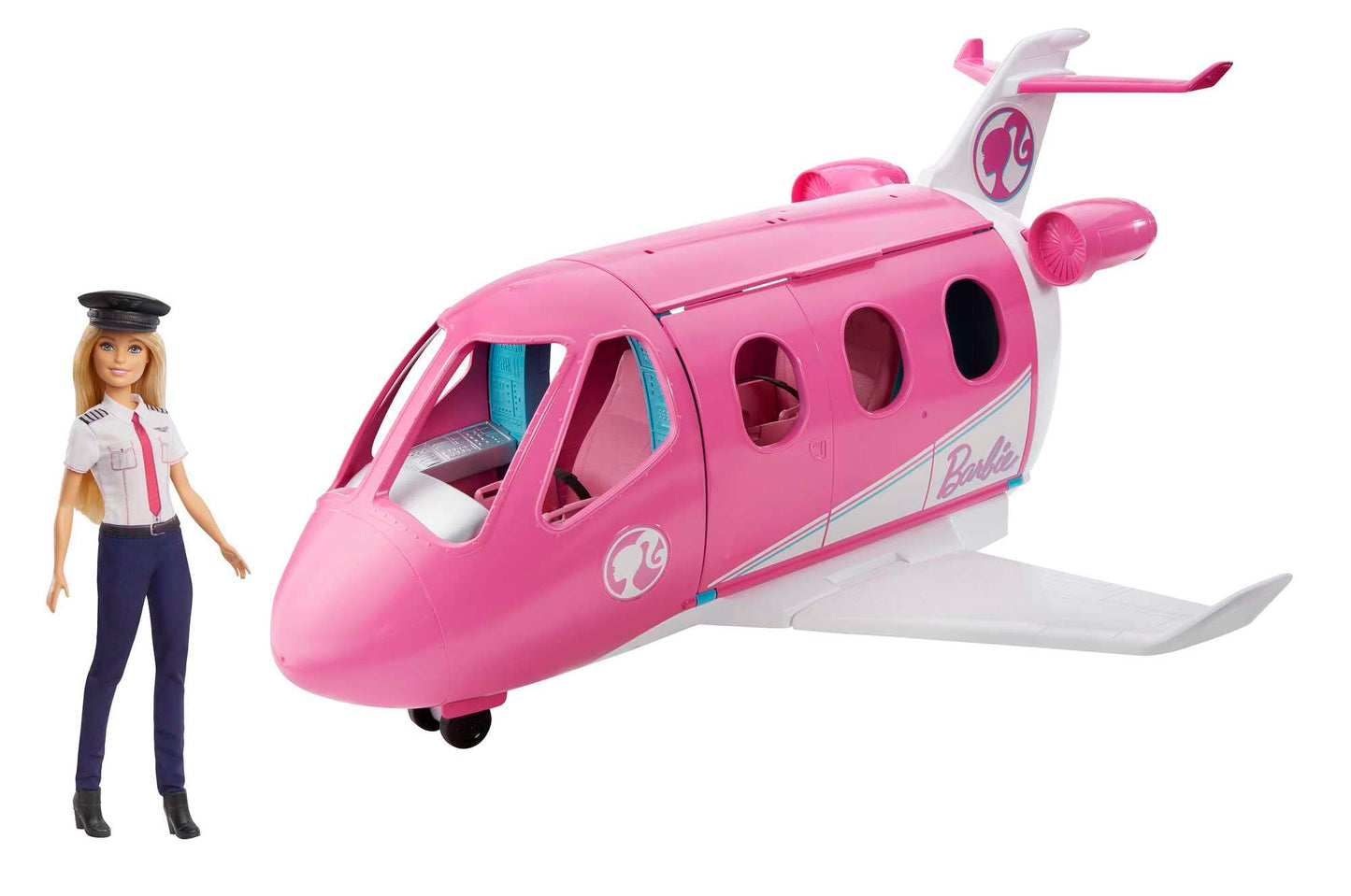 Barbie airplane with pilot doll, featuring movable wheels and 15 accessories including pet and trolley, in pink, suitable for ages 3 and up, GJB33.