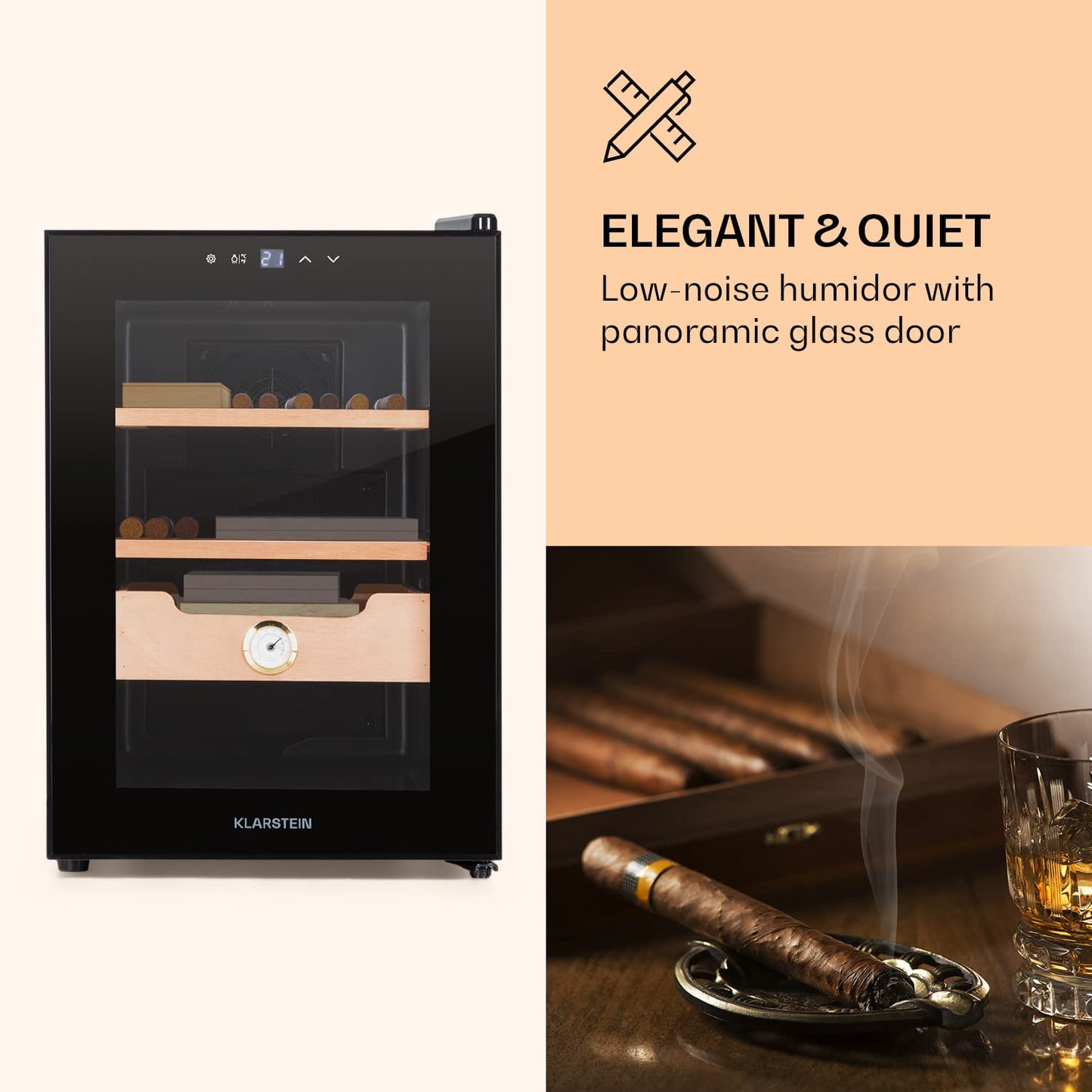 Klarstein El Presidente Cigar Humidor - thermoelectric humidor cabinet with glass door, cedar wood trays, hygrometer, LED interior lighting, 37 liters, black