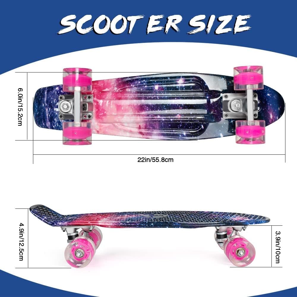 BELEEV 22-inch Kids Skateboard with LED Light-up Wheels, Complete Mini Cruiser Skateboard for Kids Teens Adults, LED Light-up Wheels with All-in-one Skate T-Tool for Beginners