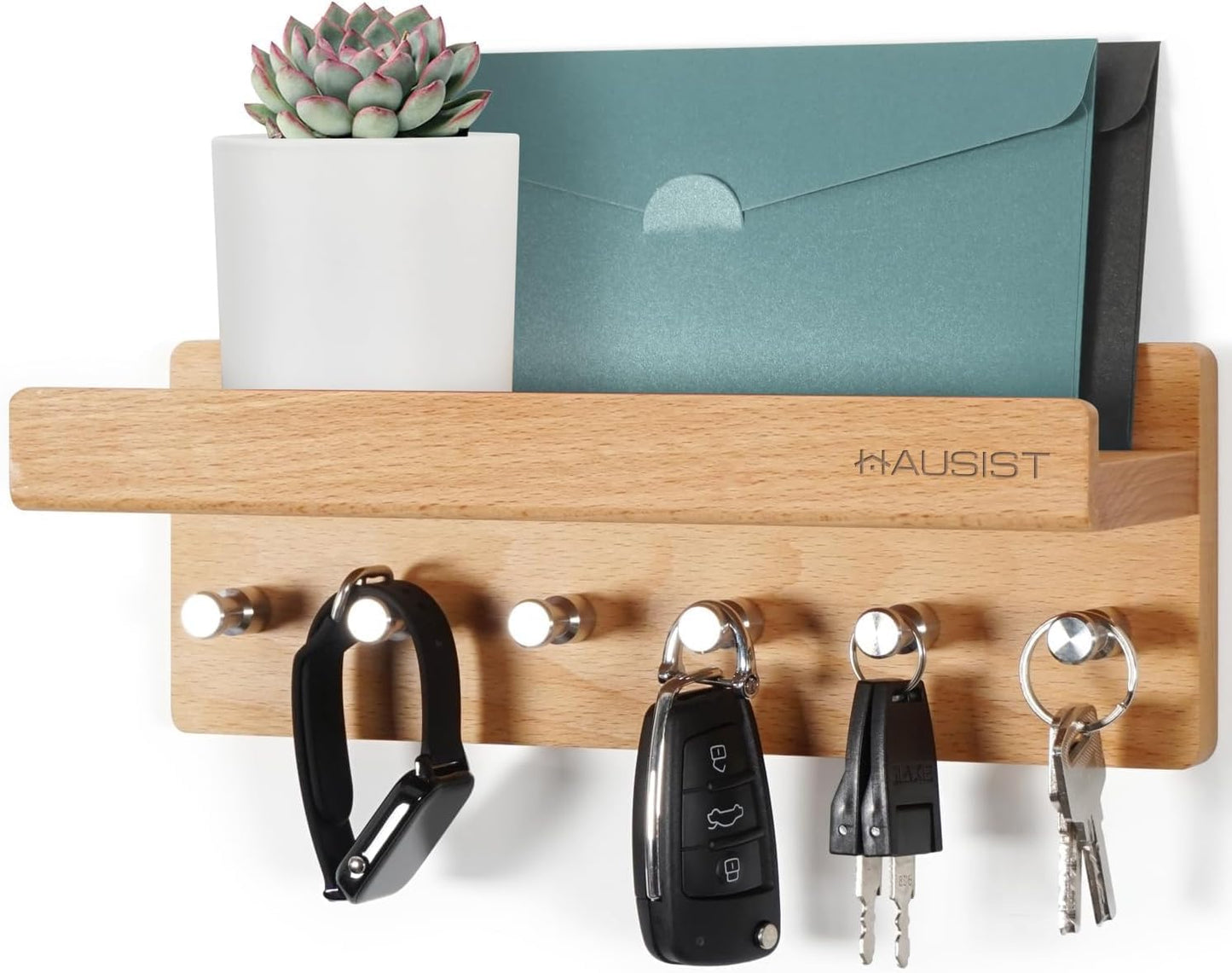 HOUSEIST key rack wood with shelf, wooden key box, key holder with stainless steel hooks, key tray wall, beech key board, key hooks key holder modern
