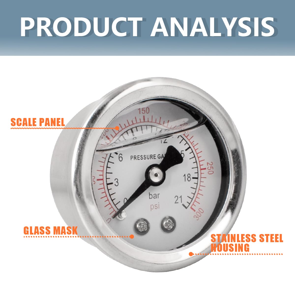 Innfeeltech 1-Pcs 40mm Pressure Gauge BSP 1/8" 0-21 Bar 0~300 Psi with 3-piece socket 1/8" to 1/4", 1/8" to 3/8", and 1/8" to 1/2" and a Teflon tape, axial