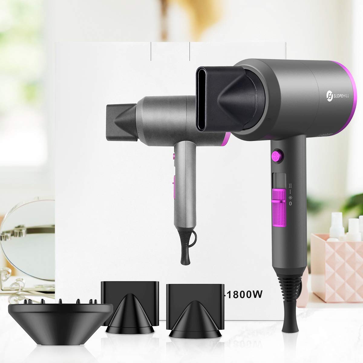 Ions Hair Dryer AC Motor 1800W, slopehill Quick Dry Hair Dryer, Salon Hairdryer with Hot/Cold Button, 3 Dryer Concentrators and Diffuser, 3 Heat Settings, 2 Speeds (Purple)