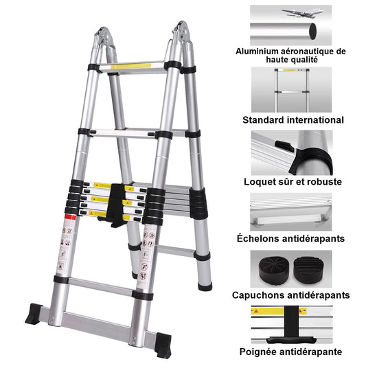 Meditool 5M Aluminum Telescoping Ladder Folding Extendable Multipurpose Ladder Leaning Ladder made of high-quality aluminum telescopic design 150 kg capacity, 8X8 rungs, Silver/Black