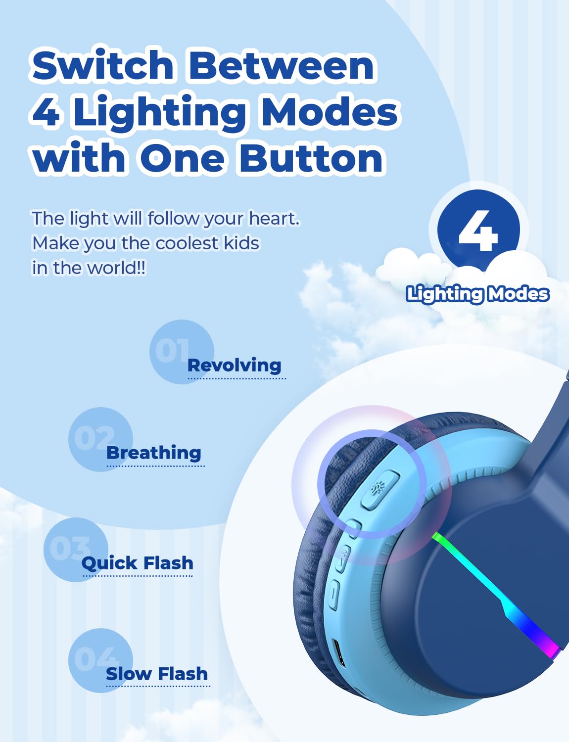 iClever Bluetooth Kids Headphones, Colorful LED Lights, Over-Ear Kids Headphones with 74/85dBA Volume Limitation, 85 Hours Playtime, Bluetooth 5.2, Built-in Microphone BTH12