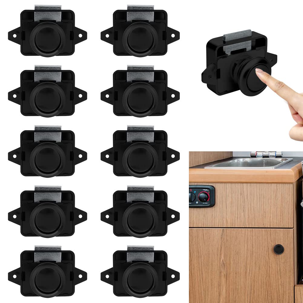 Opaltool 10 Pieces Push Button Catch Door Lock Black Door Knob Locking Push Button Lock suitable for 15-18mm Thickness Motorhome Boat Van RV Yacht Cabinet Door Cabinet