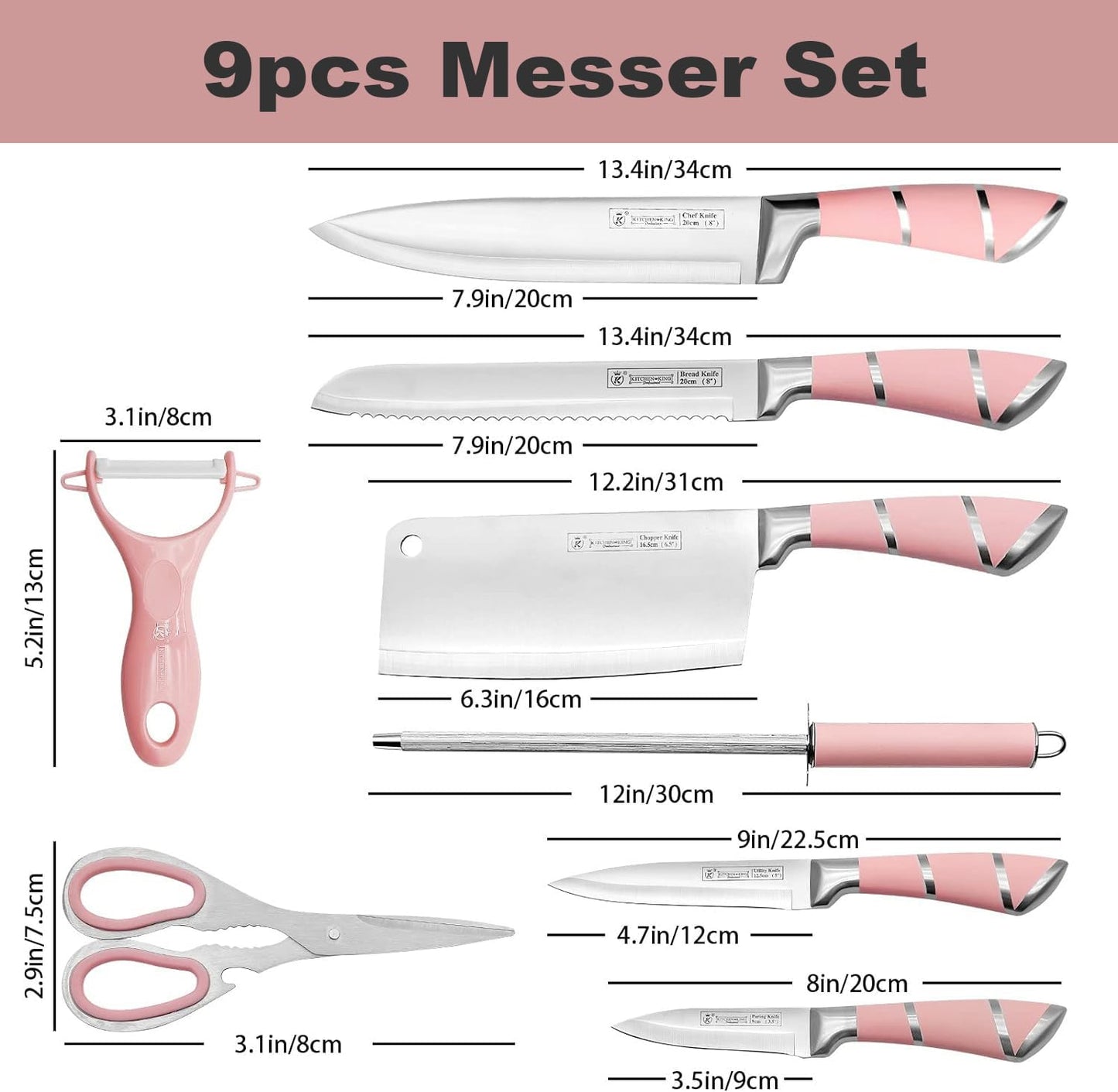 9-piece pink sharp non-stick coated chef knife block set, stainless steel knife set for kitchen with sharpener for slicing, cutting, dicing, chopping (pink)