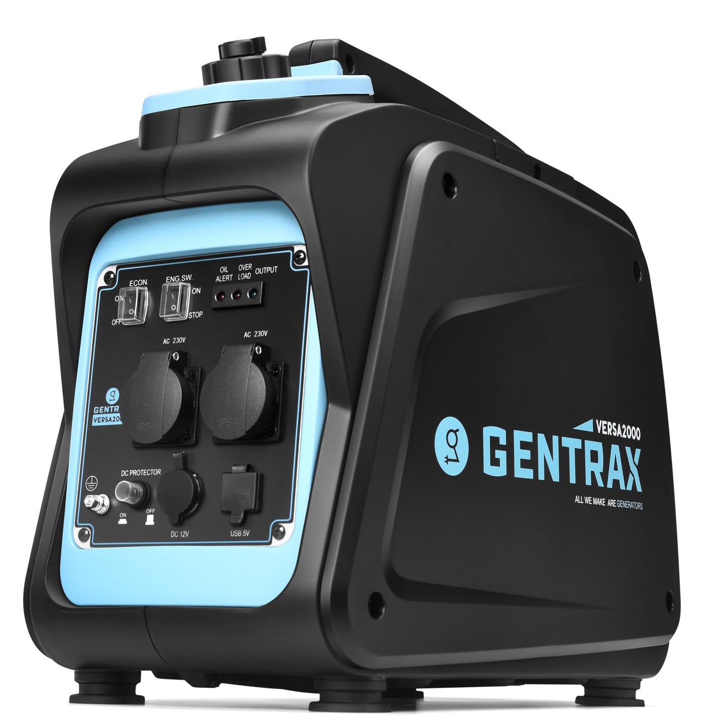 GENTRAX Inverter Generator 2000W 1700W MAX, gasoline powered, silent with pure sine wave, super quiet petrol generator with USB 230V sockets for camping, outdoor, construction site, RV